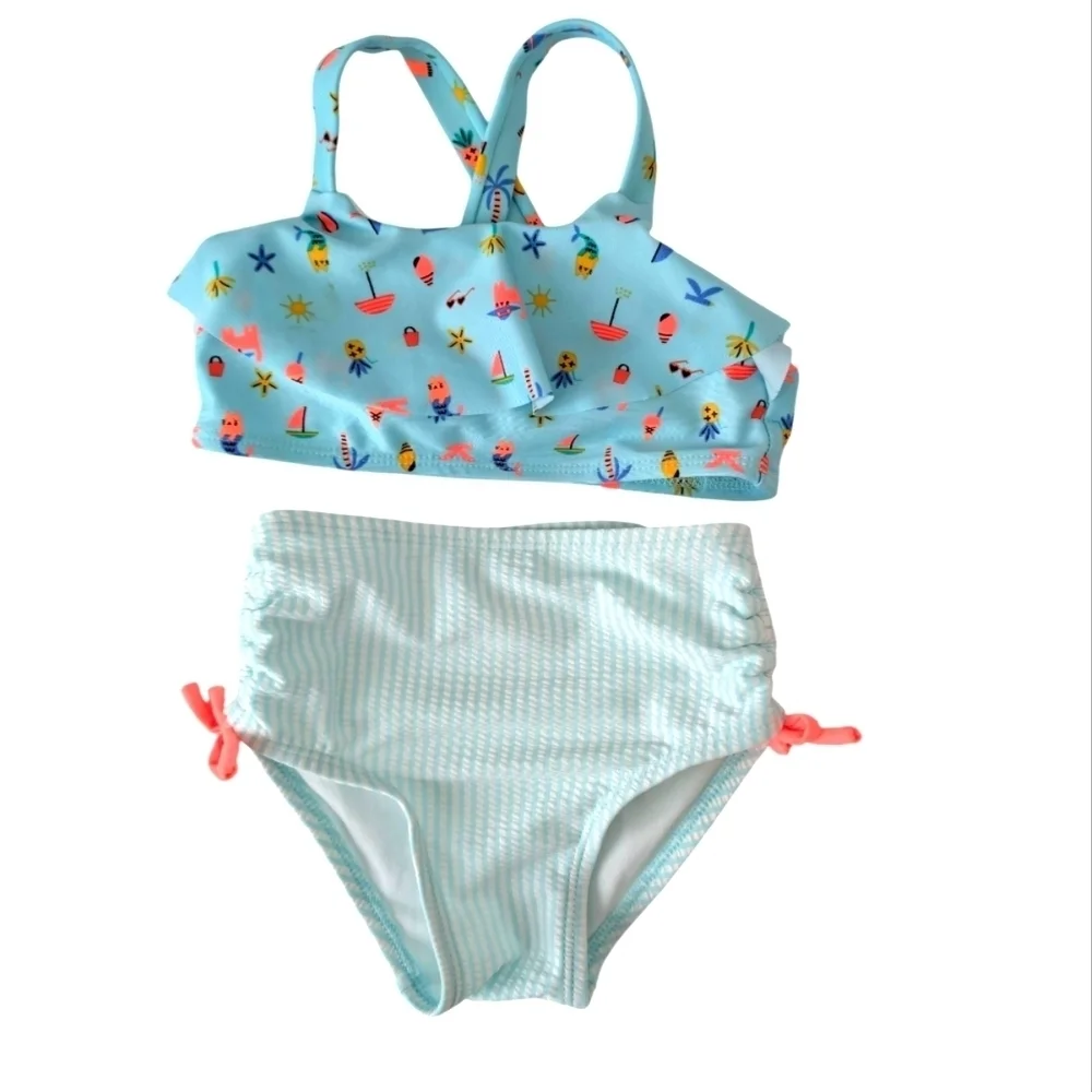 Cat & Jack Girls 2 Piece Swimsuit Light Blue And White Pattern SZ 3T